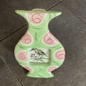 Floral Green and Pink Vase with Bird Design